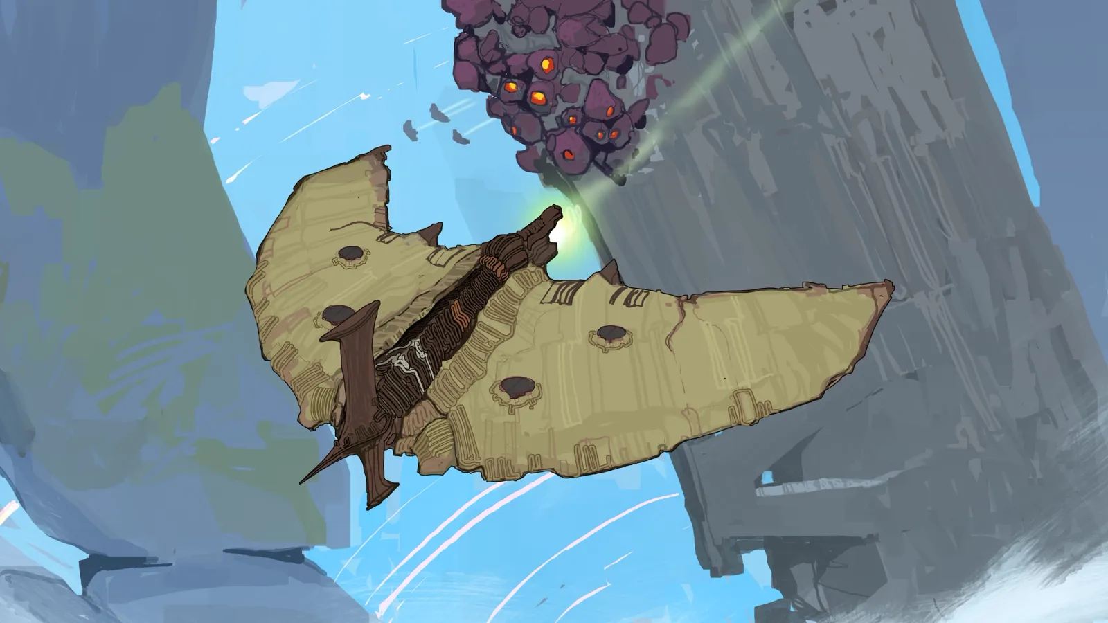 A sail-winged ship flies under a blue sky