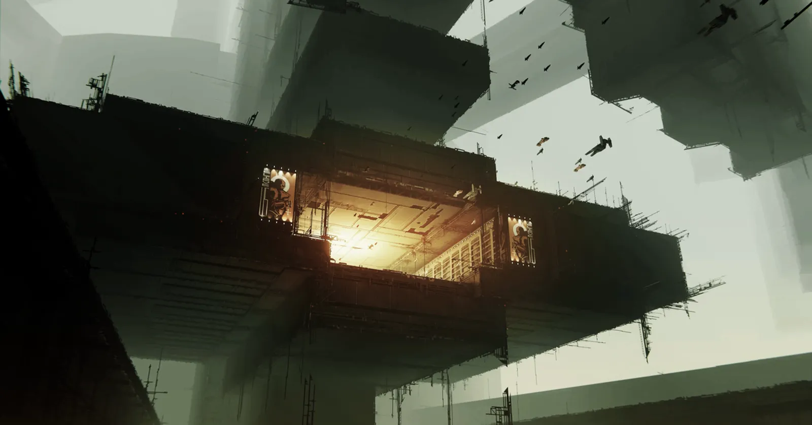 A ship drifts beside a lit opening in a grey megastructure