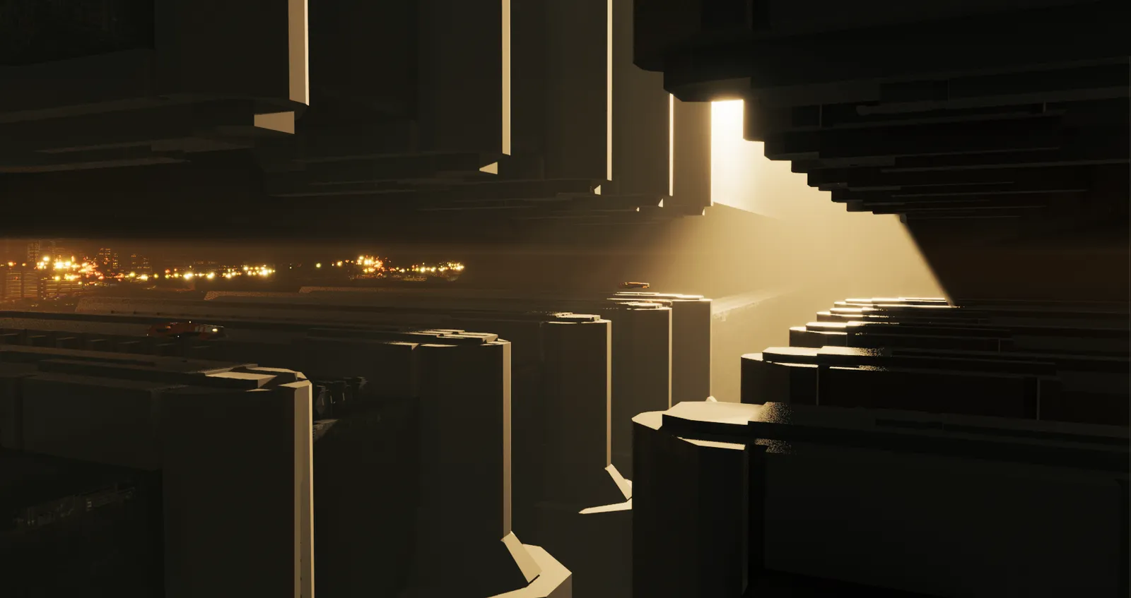 A lit doorway in the side of an enormous dark structure