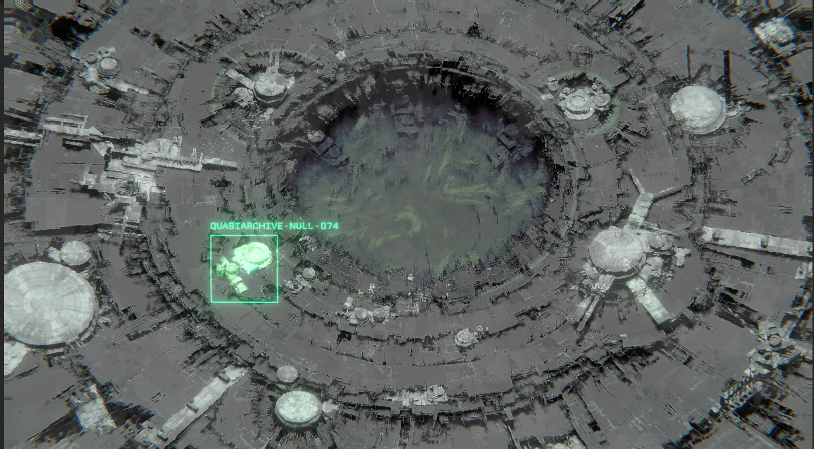 A circular crater ringed by structures, seen from above