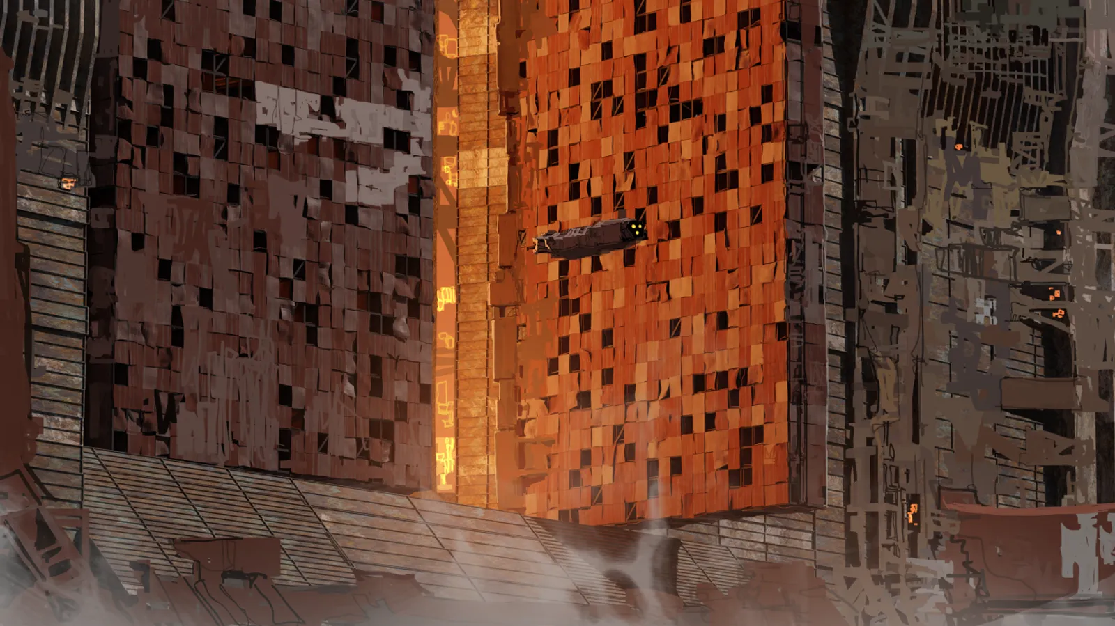 Rust-orange towers built from stacked blocks