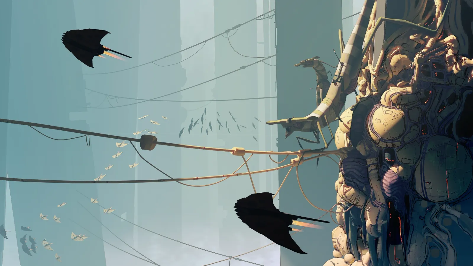 Winged shapes and a hanging creature over a pale void