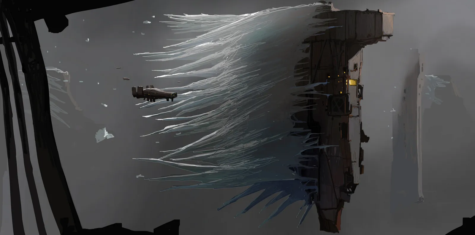 A dark hull streaked with light in a grey void
