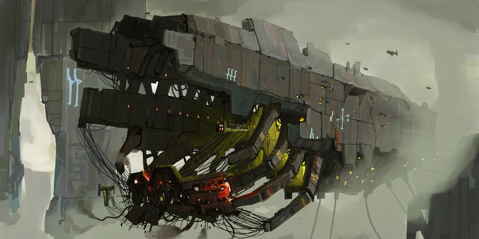 A ship with red organic growths hanging beneath it