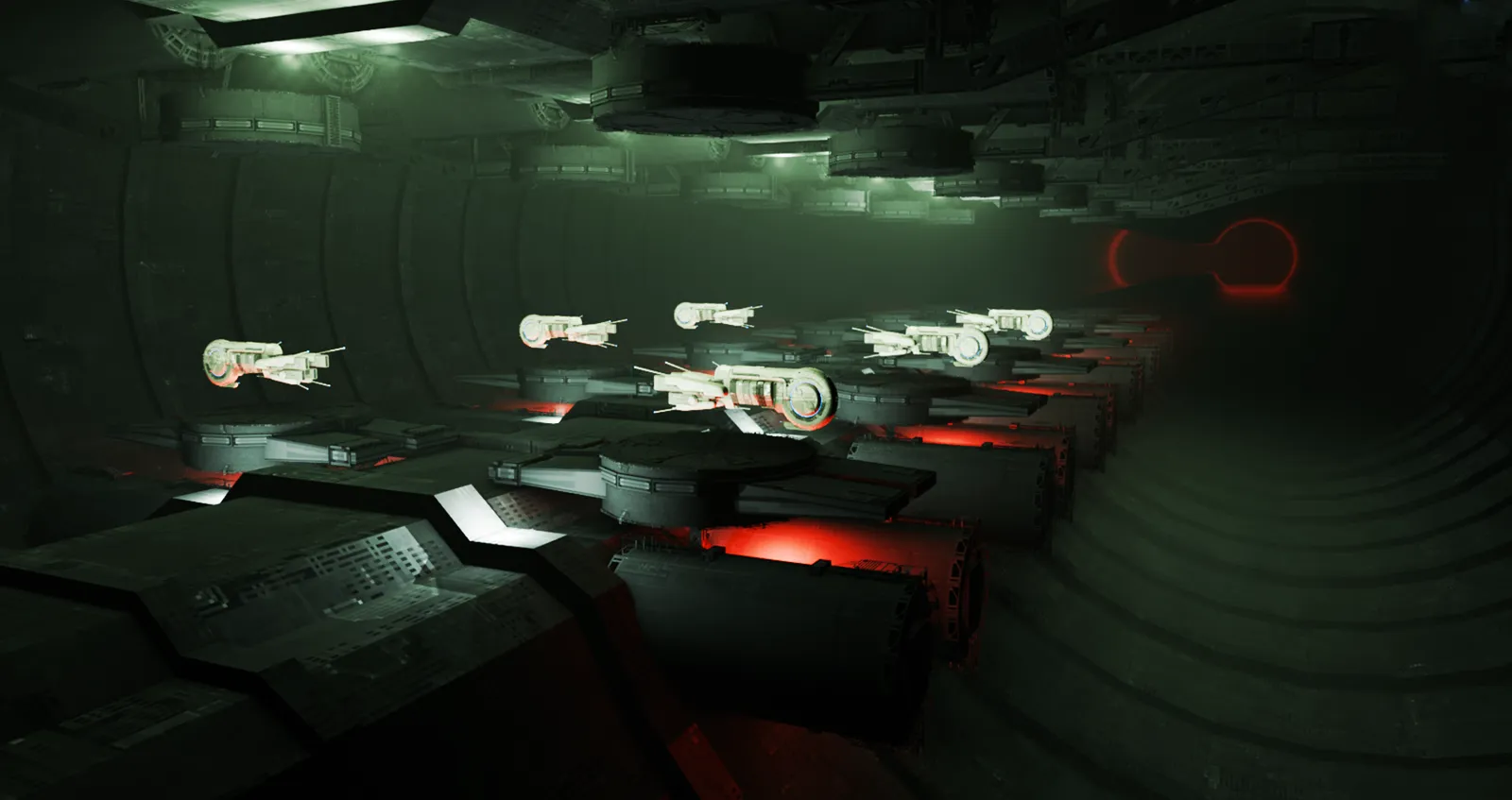 Ships moving through a long dark tunnel lit by red lights